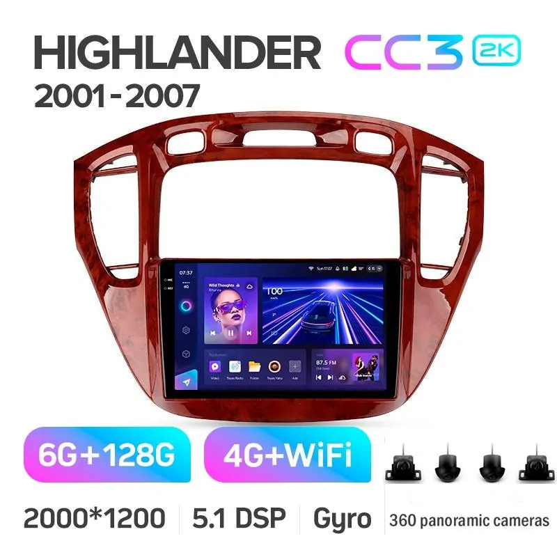 Штатная магнитола Teyes CC3 6+128 Gb с круговым обзором 360 Toyota Highlander 1 XU20 2001-2007 9