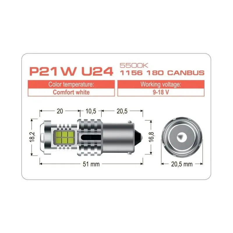 Светодиодная лампа Ultimate P21W U24 1156 180 CANBUS 5500K