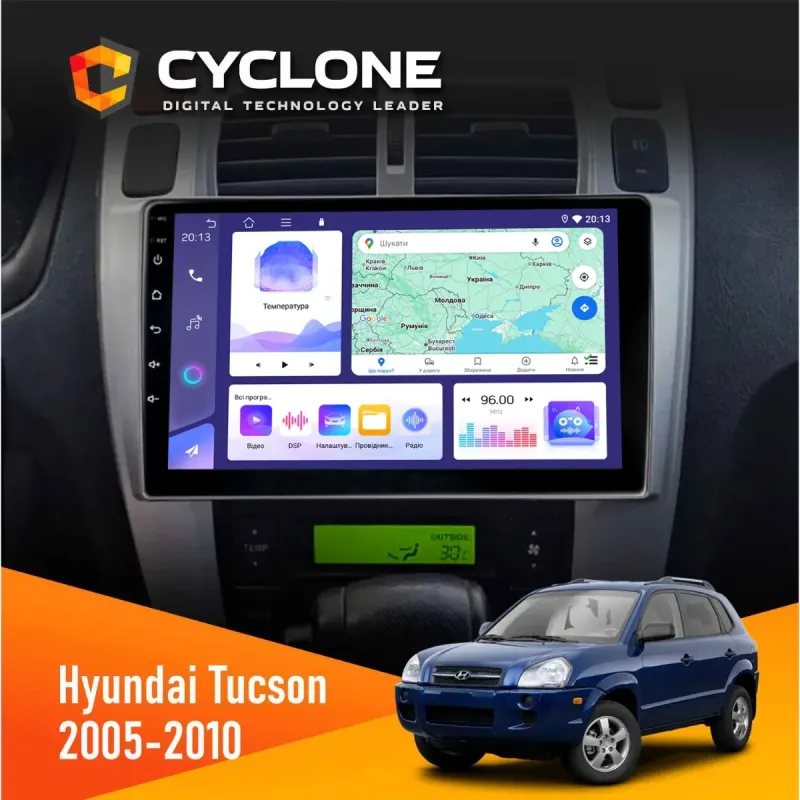 Штатна магнітола Hyundai Tucson 2005-2010 Black CYCLONE C10-004 4X64, DSP, 2K