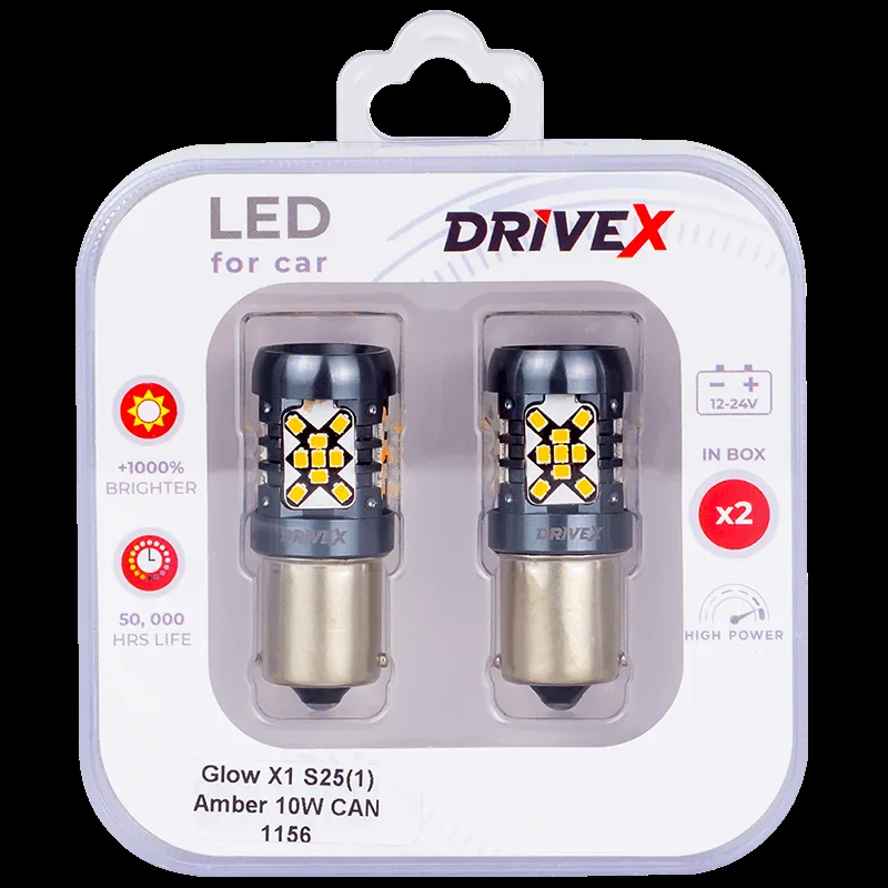 Світлодіоди в габаритні вогні. Підсвітку номера та салона DriveX Glow X1 S25(1) Amber 12-24V 10W CAN 1200Lm 1156/P21W BA15S d-15mm к-т.