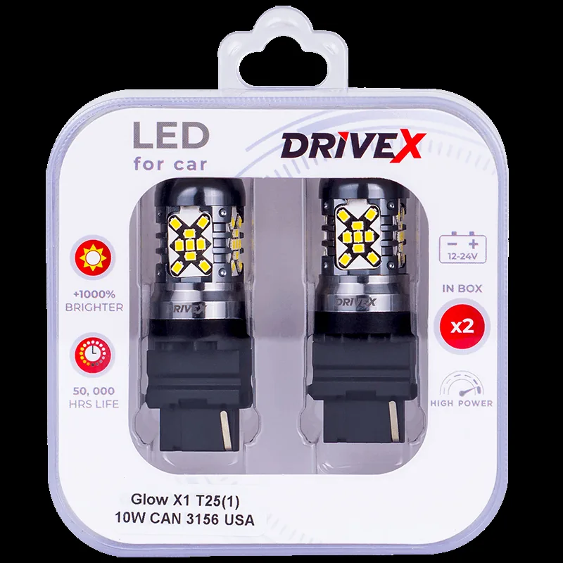 Світлодіоди в габаритні вогні. Підсвітку номера та салона DriveX Glow X1 T25(1) 12-24V 10W CAN 1200Lm 3156/P27W base-16mm USA к-т.