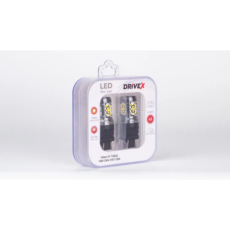 Світлодіоди в габаритні вогні. Підсвітку номера та салона DriveX Glow X1 T25(2) 12-24V 10W CAN 1200Lm 3157/P27/7W base-16mm USA к-т.