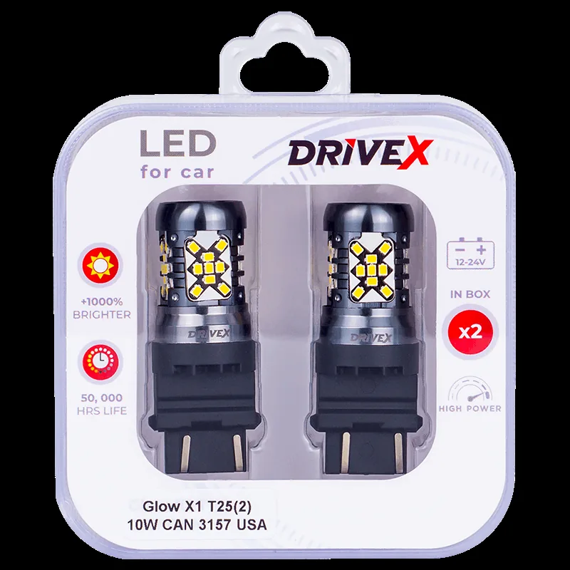 Світлодіоди в габаритні вогні. Підсвітку номера та салона DriveX Glow X1 T25(2) 12-24V 10W CAN 1200Lm 3157/P27/7W base-16mm USA к-т.
