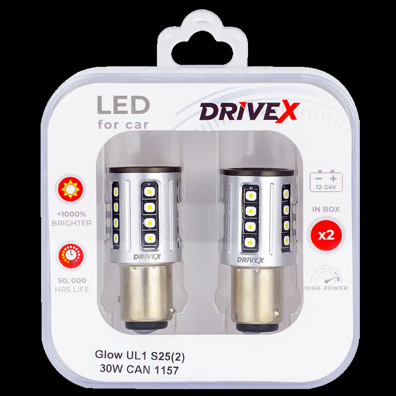 Світлодіоди в габаритні вогні. Підсвітку номера та салона DriveX Glow UL1 S25(2) 9-48V 30W CAN 2600Lm 1157/P21/5W BAY15D d-15mm к-т.