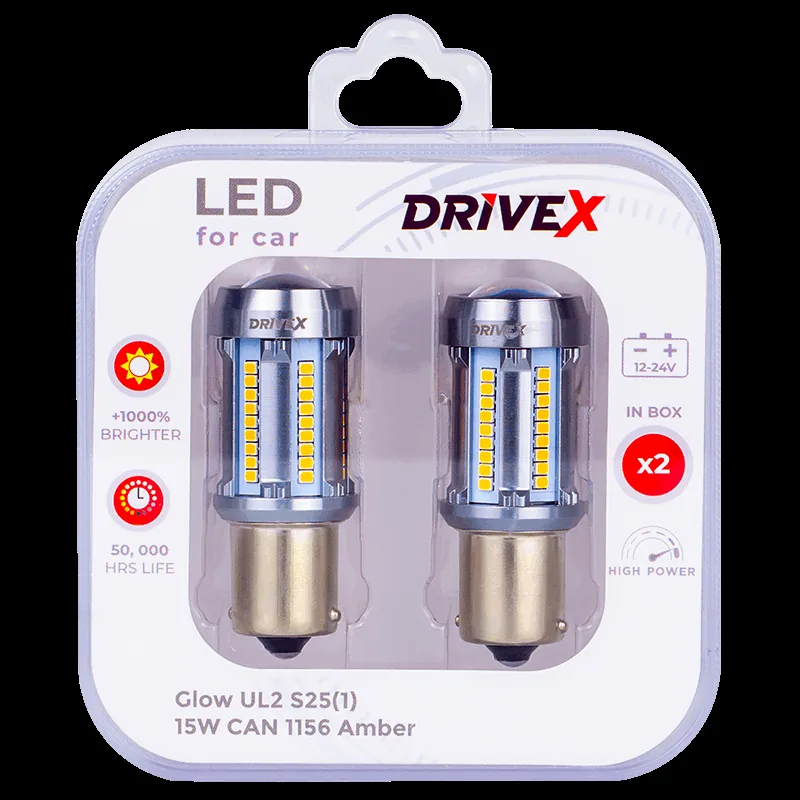 Світлодіоди в габаритні вогні. Підсвітку номера та салона DriveX Glow UL2 S25(1) Amber 12V 15W CAN 2600Lm 1156/P21W BA15S d-15mm к-т.