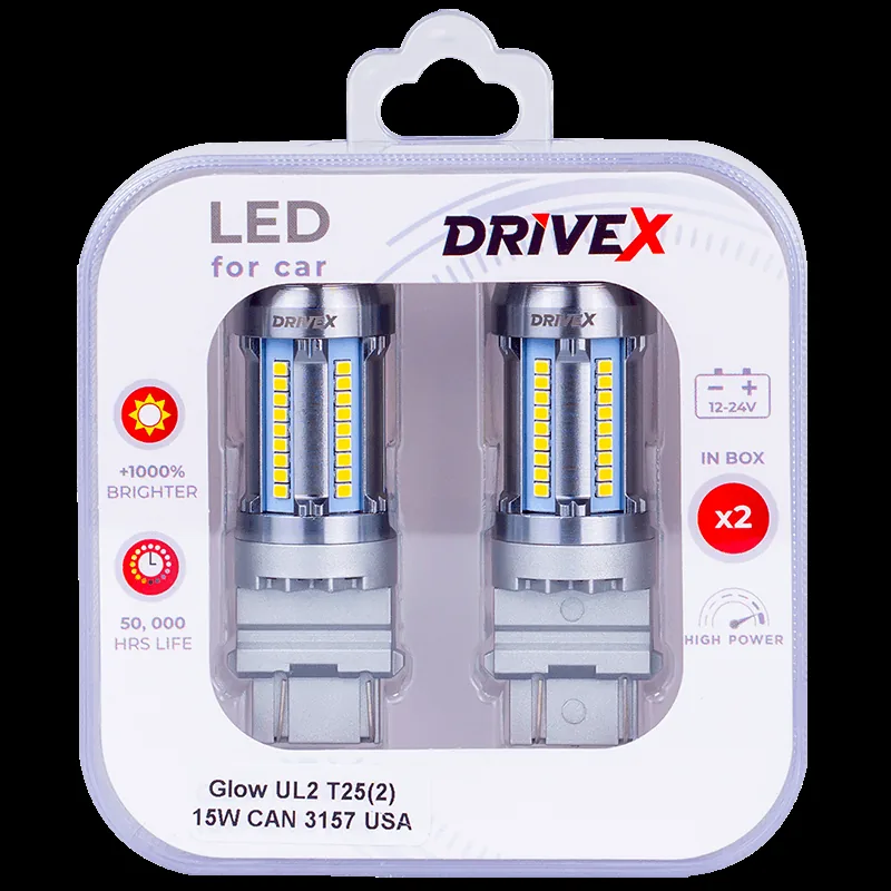 Світлодіоди в габаритні вогні. Підсвітку номера та салона DriveX Glow UL2 T25(2) 12V 15W CAN 2600Lm 3157/P27/7W base-16mm USA к-т.
