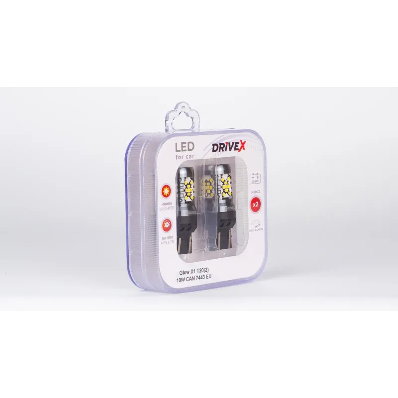 Світлодіоди в габаритні вогні. Підсвітку номера та салона DriveX Glow X1 T20(2) 12-24V 10W CAN 1200Lm 7443/W21/5W base-16mm EU к-т.