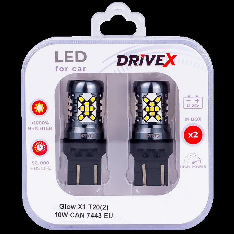 Світлодіоди в габаритні вогні. Підсвітку номера та салона DriveX Glow X1 T20(2) 12-24V 10W CAN 1200Lm 7443/W21/5W base-16mm EU к-т.